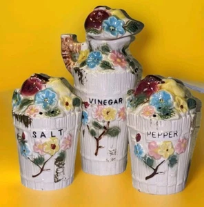 Vth Oil Vinegar Salt & Pepper Shakers Set Fruit Flowers Porcelain Basket Weave - Picture 1 of 19