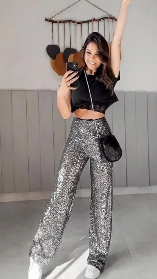 ZARA DARK SILVER GREY SEQUINNED FLARED LEGGINGS TROUSERS SIZE MREF 3028/223