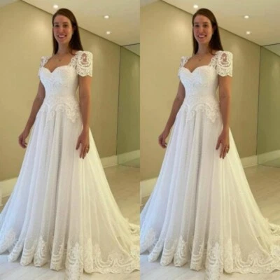 Vintage Wedding Dresses Square Neck Short Sleeves Lace Elegant Bridal Gowns - Image 1 of 4