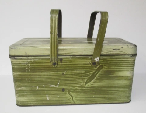 vtg Faux Wood Grain Litho Metal Steel Picnic Basket Box  unusual size "as is" Cover