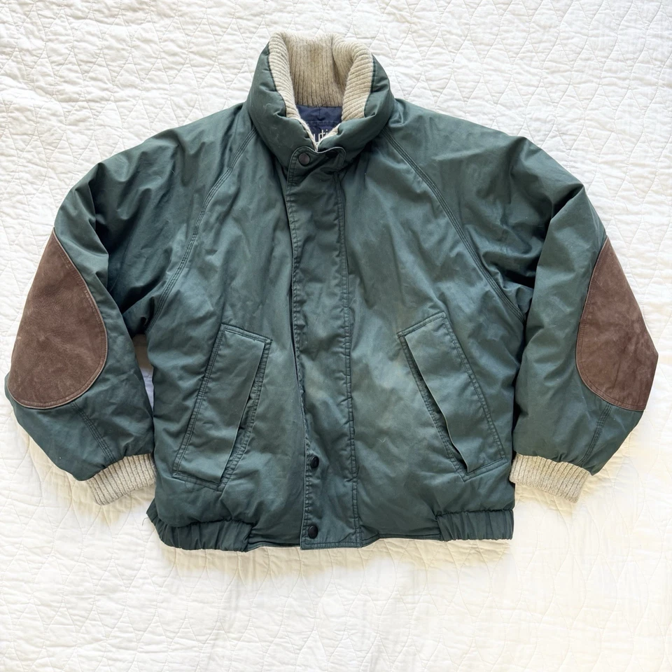 Chaqueta acolchada de plumón Nautica de colección para hombre L verde desteñida exterior gamuza parche en el codo  Foto 1 de 4