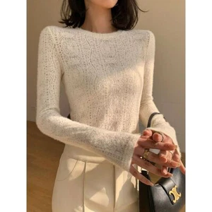 Commense Cream Knit Sweater Long Sleeve Crew Neck Soft Fuzzy Pullover Large - Picture 1 of 11