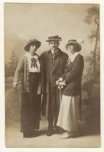 A MAN AND TWO WOMEN HIKERS : THE ALPS : BAD REICHENHALL, GERMANY :    (RPPC) - Picture 1 of 3