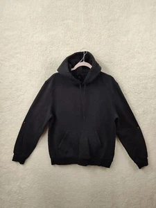 H M Women Sweatshirt Medium Black Cotton Blend Hooded Drawstring Pullover Fit - Picture 1 of 17