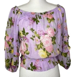Fate ladies peasant ruffle sleeve crop top purple flowers size small - Picture 1 of 11