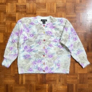 LEE SANDS Floral Cardigan Sweater Womens One Size Purple Wool Angora Rabbit Hair - Picture 1 of 13