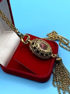 Vintage Gold Metal Filigree Embroidered Flower Design Tassel Pendant Necklace - Picture 1 of 12