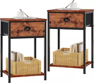 Nightstands Set of 2, Industrial End Table with Fabric Drawer and Storage Shelf, - Picture 1 of 12