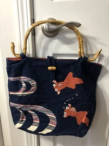 Vintage Asian Style Bamboo Handled Purse Handbag Koi Gold Fish Fabric Applique - Picture 1 of 1