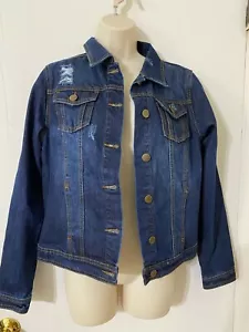 Women's Medium Dark Wash Denim Jacket – Classic Button-Up Distressed Jean Jacket - Picture 1 of 4