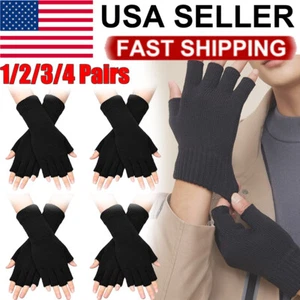 1-4 X Men Women Black Knit Fingerless Gloves Half Finger Unisex Knitted Gloves  - Picture 1 of 12