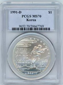 1991D KOREA COMMEMORATIVE DOLLAR PCGS MS70 Cert. 20667769 - Picture 1 of 2
