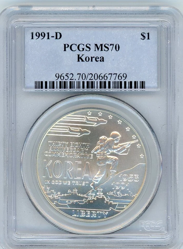 1991D KOREA COMMEMORATIVE DOLLAR PCGS MS70 Cert. 20667769 - Image 1 of 2