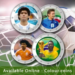 2 Euro Coloured Coin Set of 4 Football Stars: Maradona, Pele, Ruud Gullit Baggio - Picture 1 of 9