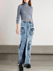 Women's 2024 Fashion 3D Multi Pockets Slit Denim Hip Package Cargo Skirt 3008  - Picture 1 of 9