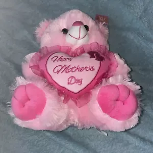 15in Fluffy Happy Mother's Day White Hot Pink Teddy Bear W Giant Lace Heart Love - Picture 1 of 6