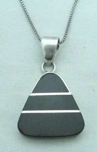 Holen Taxco Nachlass Onyx Sterlingsilber 950 Silber geometrischer Anhänger Halskette, 24" - Bild 1 von 7
