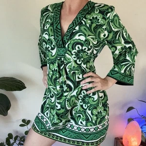 INC Retro Y2K Mini Dress Tunic Green Paisley Hippie 70’s Boho Fairy Flower Power - Picture 1 of 11