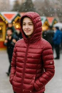 Zity Sports Hooded Womens Large Ultra-Light Down Puffer Jacket Burgundy Nylon - Bild 1 von 13