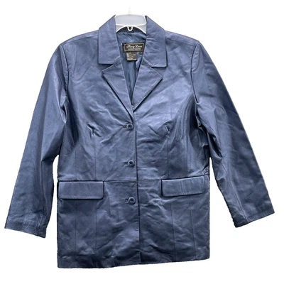 Terry Lewis Genuine Leather Jacket Women's Large Blue Blazer Y2K 80 Chic Office - Image 1 of 4