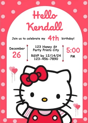 Invitación digital de fiesta de cumpleaños de Hello Kitty textos personalizados 1 Foto 1 de 4