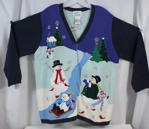 Quacker Factory Cardigan Sweater Embellished Scenic Holiday Snowmen Snowman 1X - Picture 1 of 14