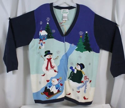 Quacker Factory Cardigan Sweater Embellished Scenic Holiday Snowmen Snowman 1X - Image 1 of 4