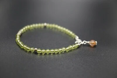Natural Peridot Beaded Bracelet 3.8MM Round Green Sunstone Charm Bracelet 7''  - Image 1 of 4