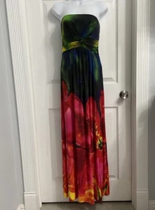 Klessman Maxi Dress Size Medium Blue Red Floral Tropical Strapless Pull On - Picture 1 of 7