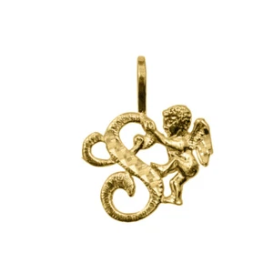 Genuine 14k Yellow Gold 0.59" Cherub and Cursive Script Initial Letter S Pendant - Picture 1 of 5