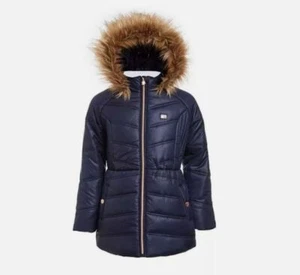 TOMMY HILFIGER Giacca Tampone Ragazze con Cappuccio in Pelliccia Finta Blu Navy Nuova con Etichette $110 - Foto 1 di 11