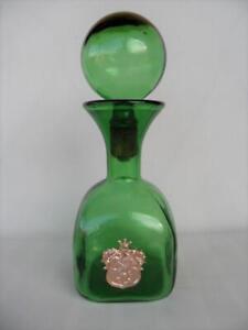 Vintage Retro MCM Italian Green Glass Decanter Bottle Gold Coat of Arms