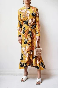 JOHANNA ORTIZ Yellow Floral Silk Crepe De Chine Midi Dress Sz US6/AU10 $1575 USD - Picture 1 of 11