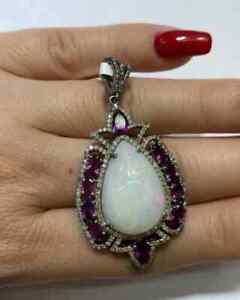Pave Diamond Fire Opal & Amethyst Pendant 925 Sterling Silver Handmade Jewelry