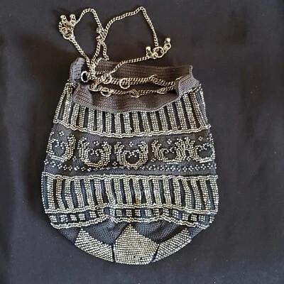 Brutalist Flapper Purse Black with Steel Bead Design & Metal Drawstring Vintage  - Image 1 of 4