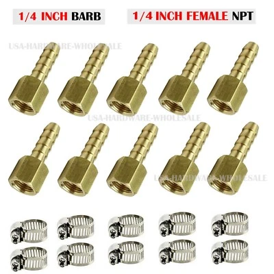 PAKA TOOLS (10 Pack) 1/4" Hose Barb X 1/4" FEMALE NPT Brass Pipe Fitting NPT Thread + Clamp