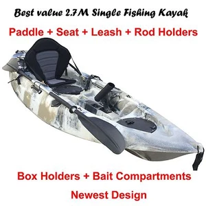 2.7M Fishing Kayak Single Sit-on Canoe 5 Rod Holders Seat Paddle Beige Camo - Picture 1 of 6