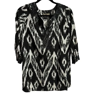 Joan Vass Camisa Mujer Med Blanco y Negro Campesino Boho Manga 3/4 Rayón Blusa Foto 1 de 4