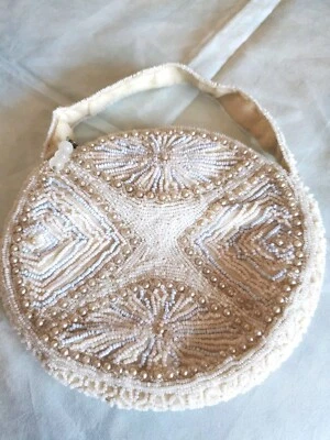 Vntg Beaded Bag Purse Round 1930s Glass Pink & Blue Seed Bead & Faux Pearl Japan - Image 1 of 4