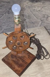 Vtg Nautical WOOD TABLE LAMP SHIP'S WHEEL Chain Pull 1930's WORKS! - Picture 1 of 8