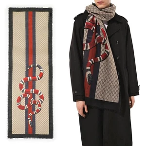 NUEVO $895 GUCCI GG Logo Web & Kingsnake SERPIENTE Wispy Tejido LANA BUFANDA 70 x 200 - Imagen 1 de 13