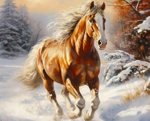 Winter Horse Snow Fabric 36"X44" Panel First Snowfall Horses Cotton by David - Picture 1 of 1