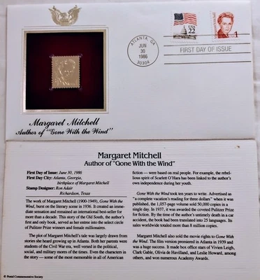 Postal Comm Soc Gold Repl Stamp, 1st Day Issue "Margaret Mitchell", Jun 30, 1986 - Image 1 of 3