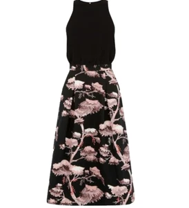 £79 NWT Warehouse Oriental Forest Printed Contrast Midi Dress Black Pink Size 6 - Picture 1 of 7