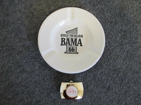 LOT (2) VINTAGE UNIVERSITY OF ALABAMA ASHTRAY 1966 NATIONAL CHAMP + BELT BUCKLE Cover