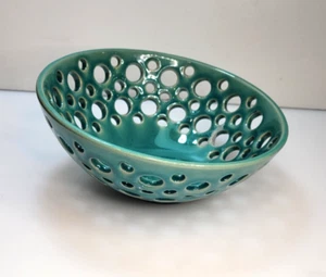 Asymetrical Crazed Glaze Pierced Display Bowl Turquoise Color 6.75 x 3 x 2.25'' - Picture 1 of 5