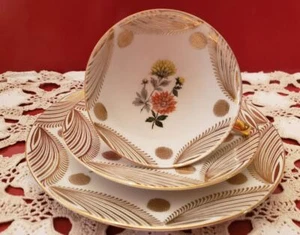Winterling Bavaria Teetasse Untertasse Teller Dessert Set Gold Blumen Trio Dahlie Vintage - Bild 1 von 4