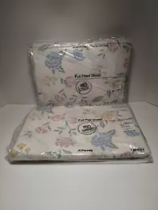 Vintage JC Penney Dacron Floral Full sz Flat & Fitted Sheet Stitched Floral - Picture 1 of 7