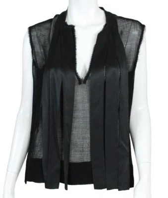 Blusa transparente LANVIN Ete 2003 negra de malla de gasa ribete satinado detalle borde crudo 40 Foto 1 de 4