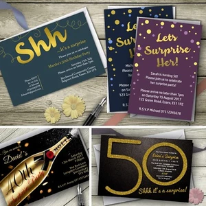 Surprise Party Invitations Birthday Invites Personalised 30th 40th 50th 60th - Picture 1 of 24